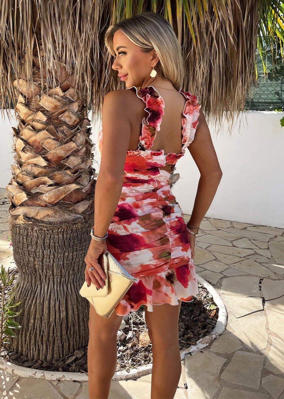 AX Paris Peach Smudge Print Ruched Frill Straps Mini Dress