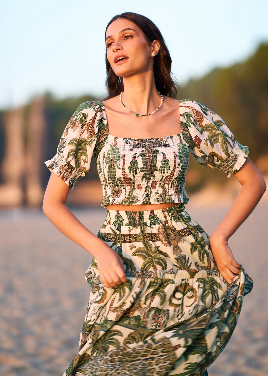 Yumi White Cotton Voile Safari Ruched Crop Top