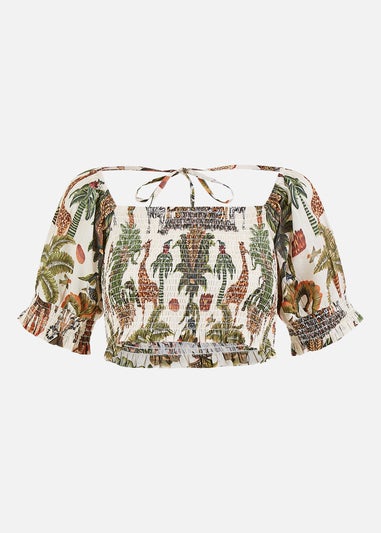 Yumi White Cotton Voile Safari Ruched Crop Top