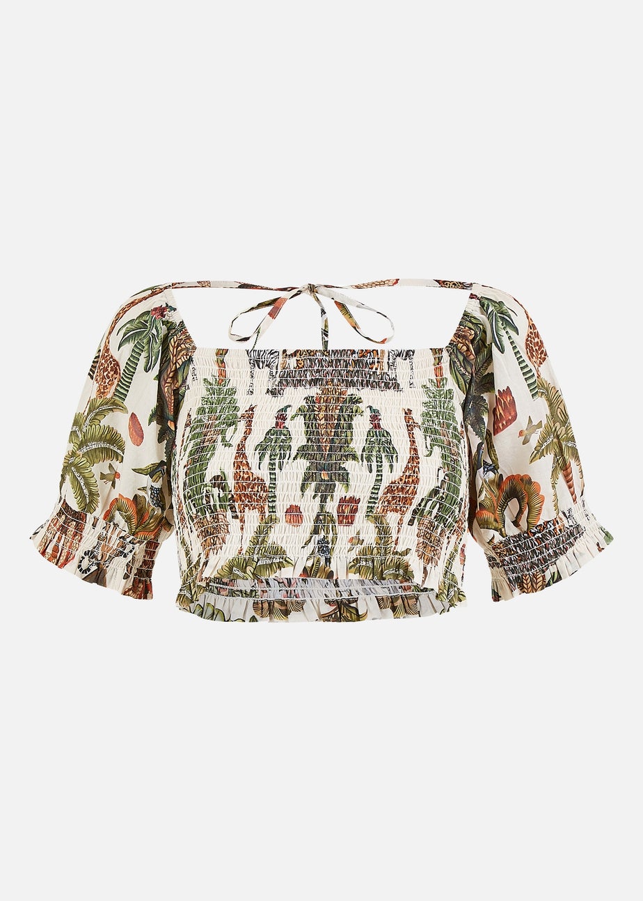 Yumi White Cotton Voile Safari Ruched Crop Top