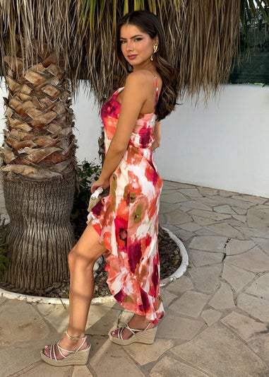 AX Paris Peach Smudge Print Racer Neck High Low Frill Hem Midi Dress