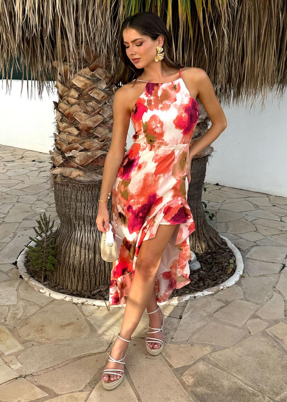 AX Paris Peach Smudge Print Racer Neck High Low Frill Hem Midi Dress