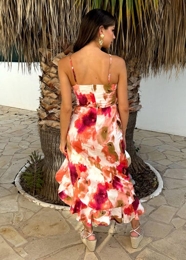 AX Paris Peach Smudge Print Racer Neck High Low Frill Hem Midi Dress