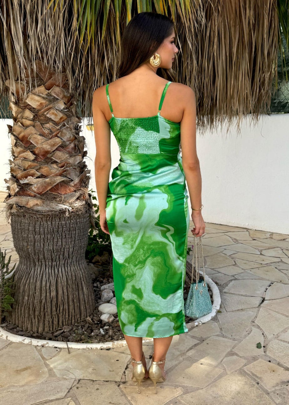 AX Paris Green Tie Dye Print Ruched Side Strappy Midi Dress