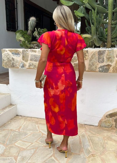 AX Paris Pink Smudge Print Flutter Sleeve Wrap Midi Dress