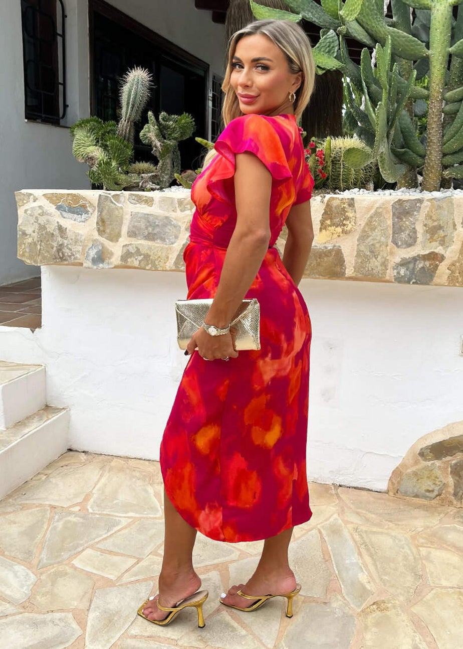 AX Paris Pink Smudge Print Flutter Sleeve Wrap Midi Dress