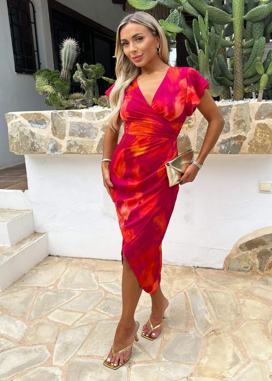 AX Paris Pink Smudge Print Flutter Sleeve Wrap Midi Dress