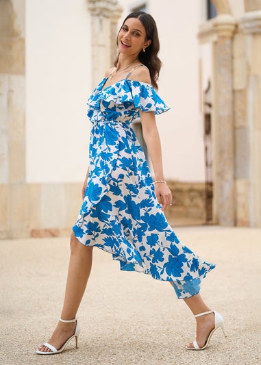 Yumi Blue Floral Print Bardot Midi Dress With Dip Hem