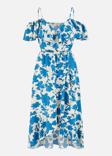 Yumi Blue Floral Print Bardot Midi Dress With Dip Hem