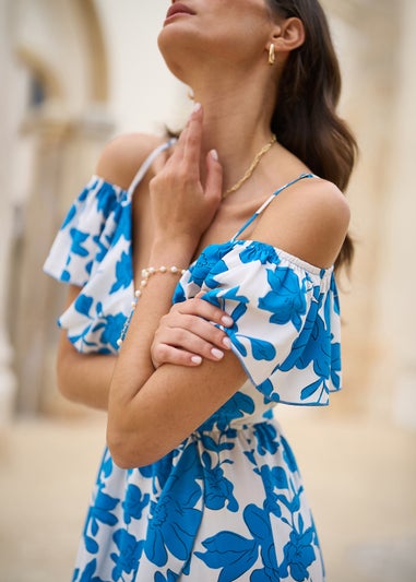 Yumi Blue Floral Print Bardot Midi Dress With Dip Hem