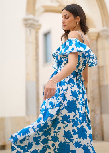 Yumi Blue Floral Print Bardot Midi Dress With Dip Hem