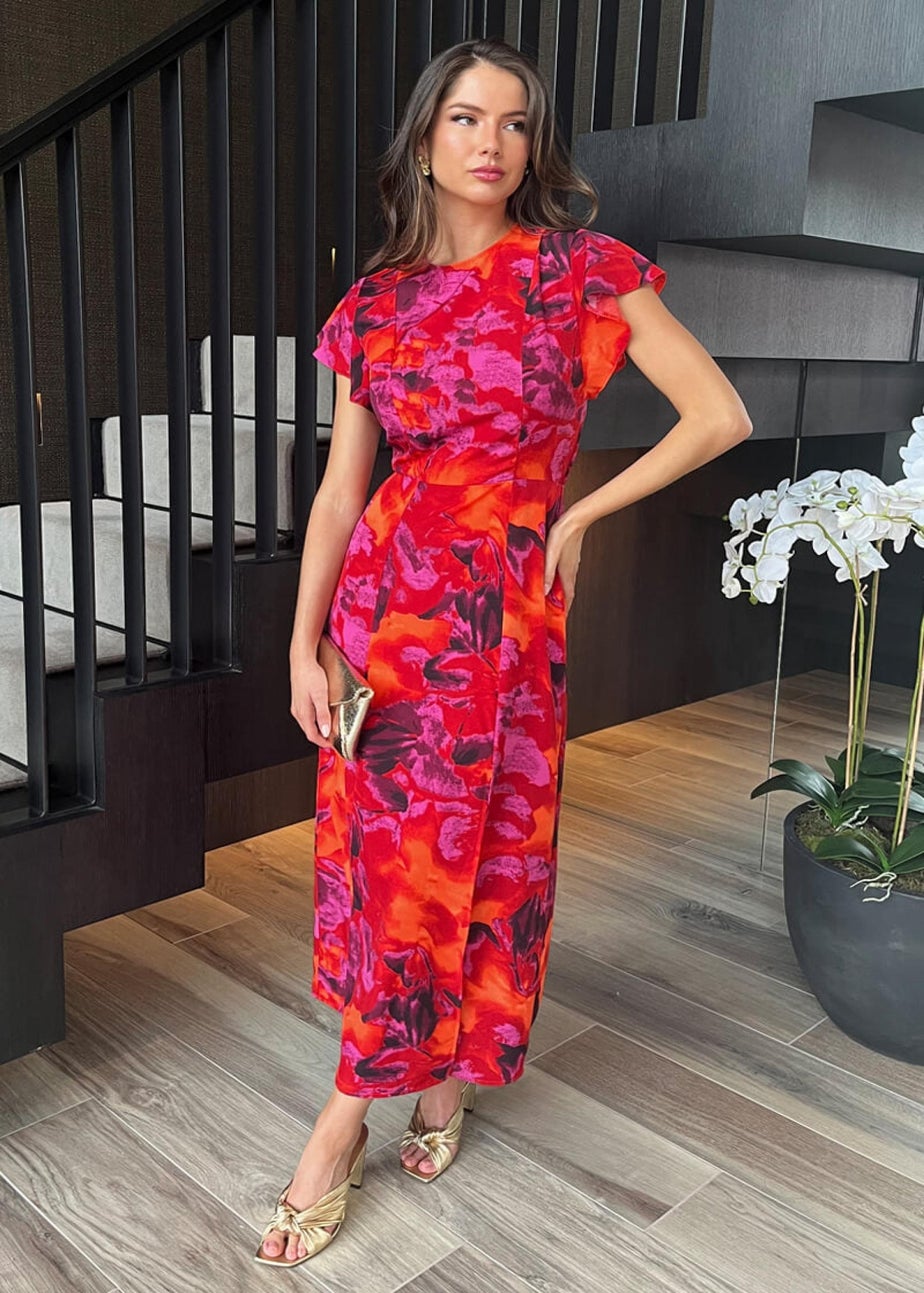 AX Paris Orange Abstract Print Flutter Sleeve Midi Dress
