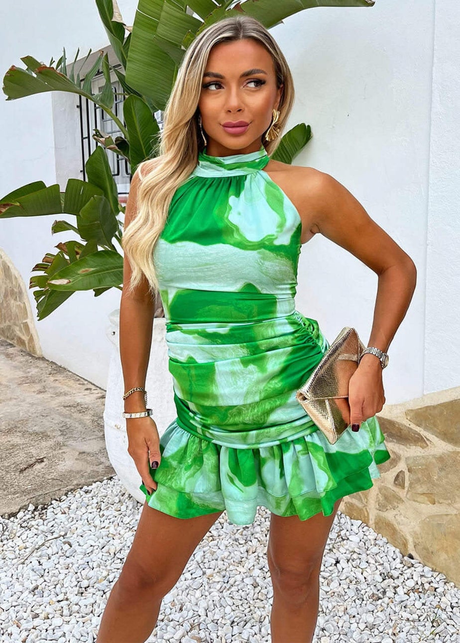 AX Paris Green Tie Dye Print Halter Neck Ruched Mini Dress