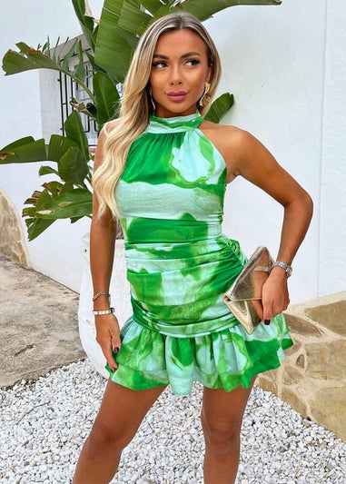 AX Paris Green Tie Dye Print Halter Neck Ruched Mini Dress