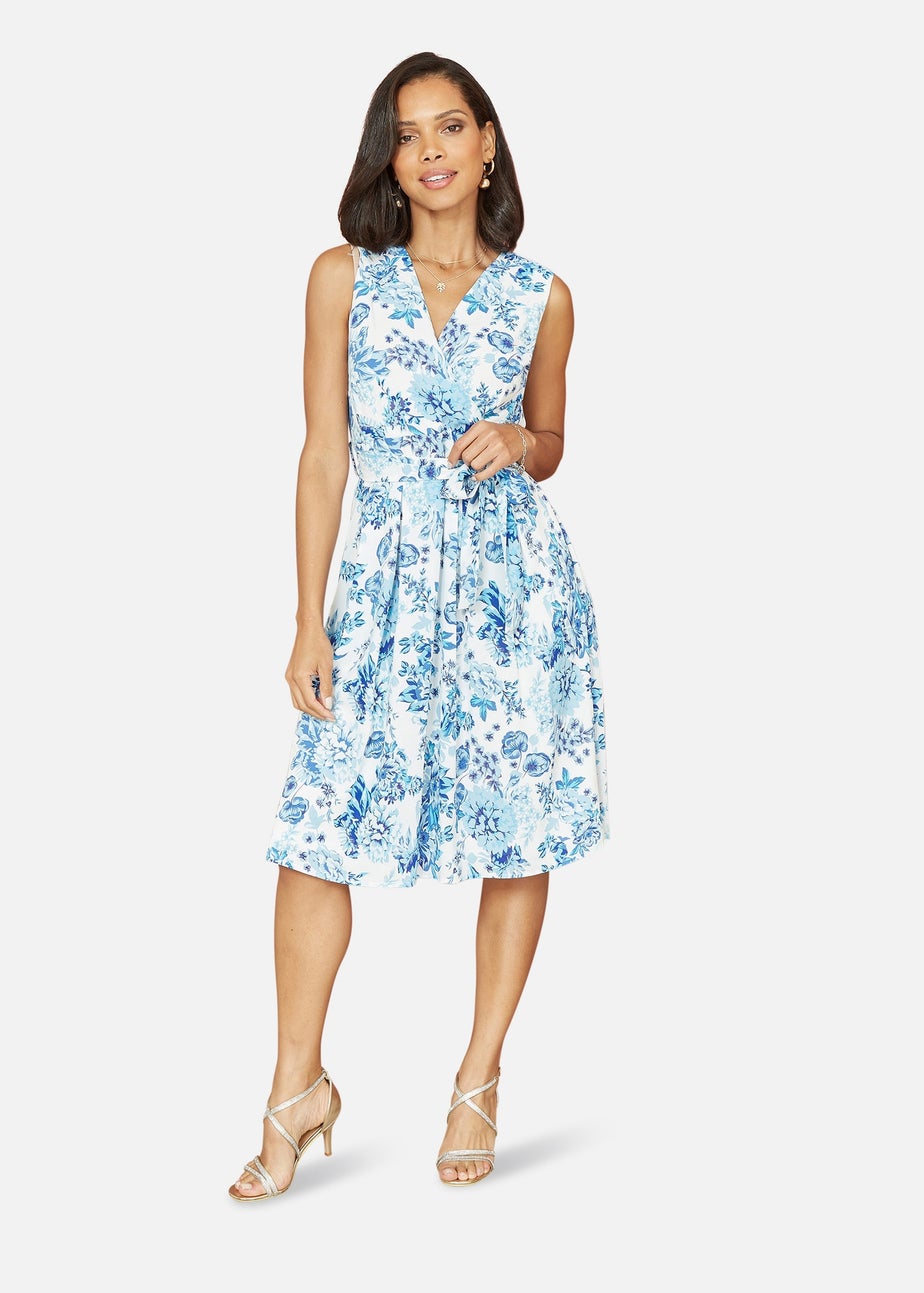 Yumi Blue Floral Wrap Over Skater Dress