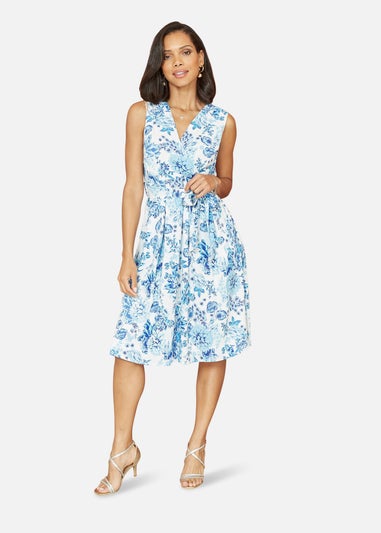 Yumi Blue Floral Wrap Over Skater Dress