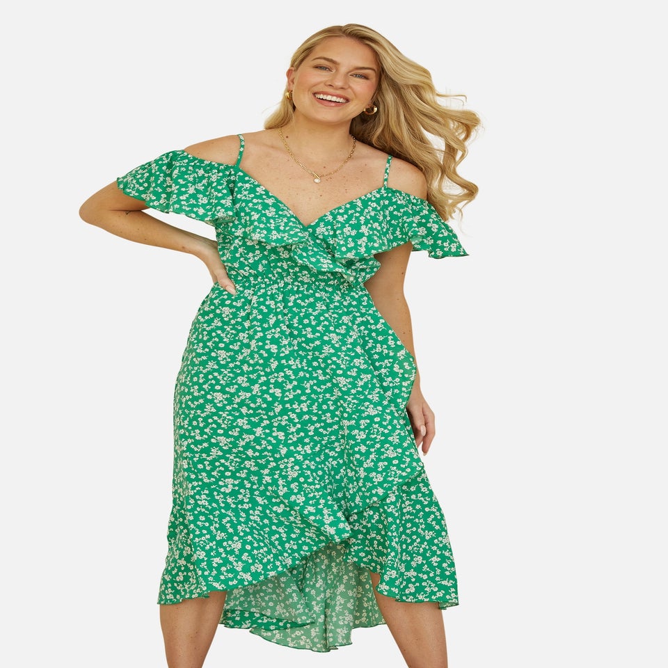 Yumi Green Ditsy Print Bardot Midi Dress With Dip Hem