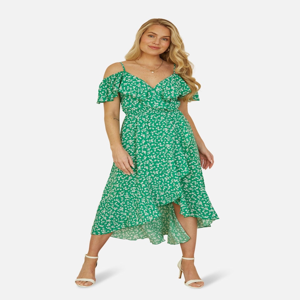 Yumi Green Ditsy Print Bardot Midi Dress With Dip Hem