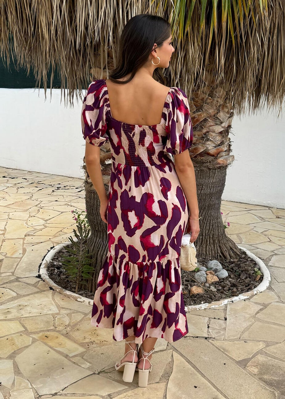AX Paris Purple Animal Print Puff Sleeve Smock Midi Dress
