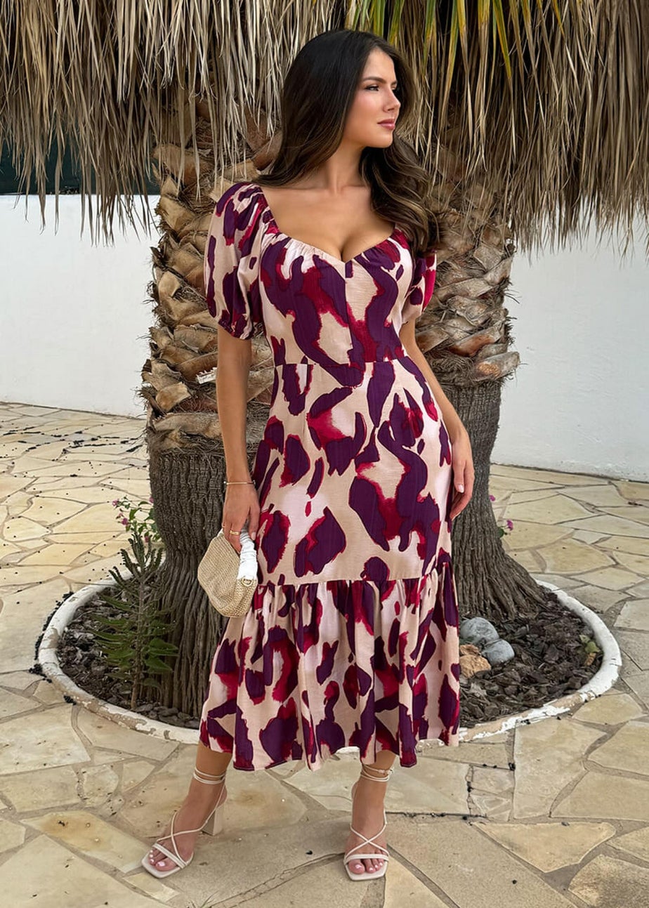 AX Paris Purple Animal Print Puff Sleeve Smock Midi Dress