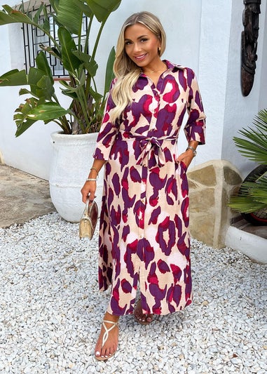 AX Paris Purple Animal Print 3/4 Sleeve Shirt Midi Dress
