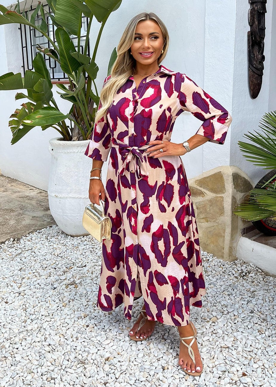 AX Paris Purple Animal Print 3/4 Sleeve Shirt Midi Dress