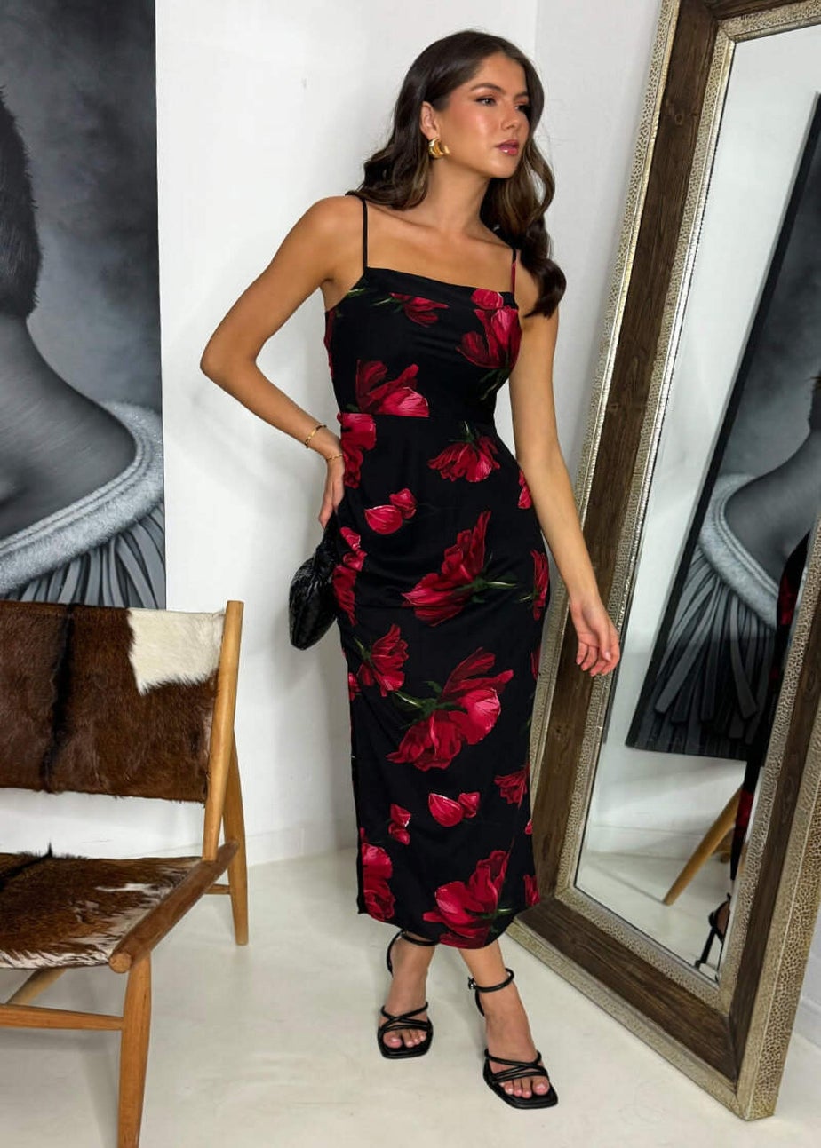 AX Paris Black & Red Floral Print Ruched Side Strappy Midi Dress