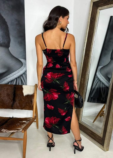 AX Paris Black & Red Floral Print Ruched Side Strappy Midi Dress