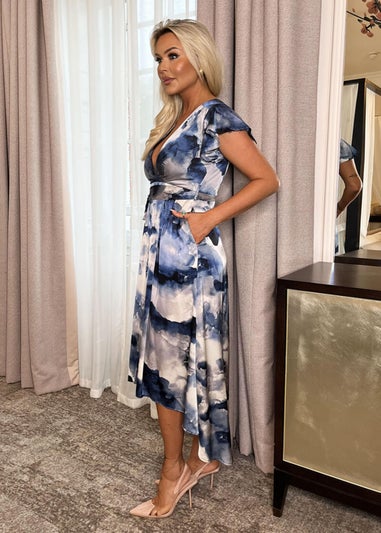 AX Paris Blue Marble Print Short Sleeve Belted Wrap Midi Dress