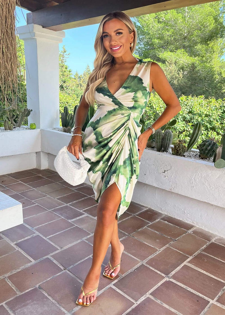 AX Paris Green Marble Print Wrap Top Gathered Skirt Midi Dress