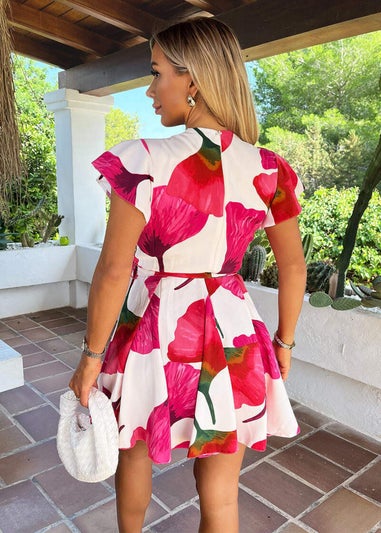 AX Paris Pink Floral Print Wrap Top Tie Waist Skater Mini Dress