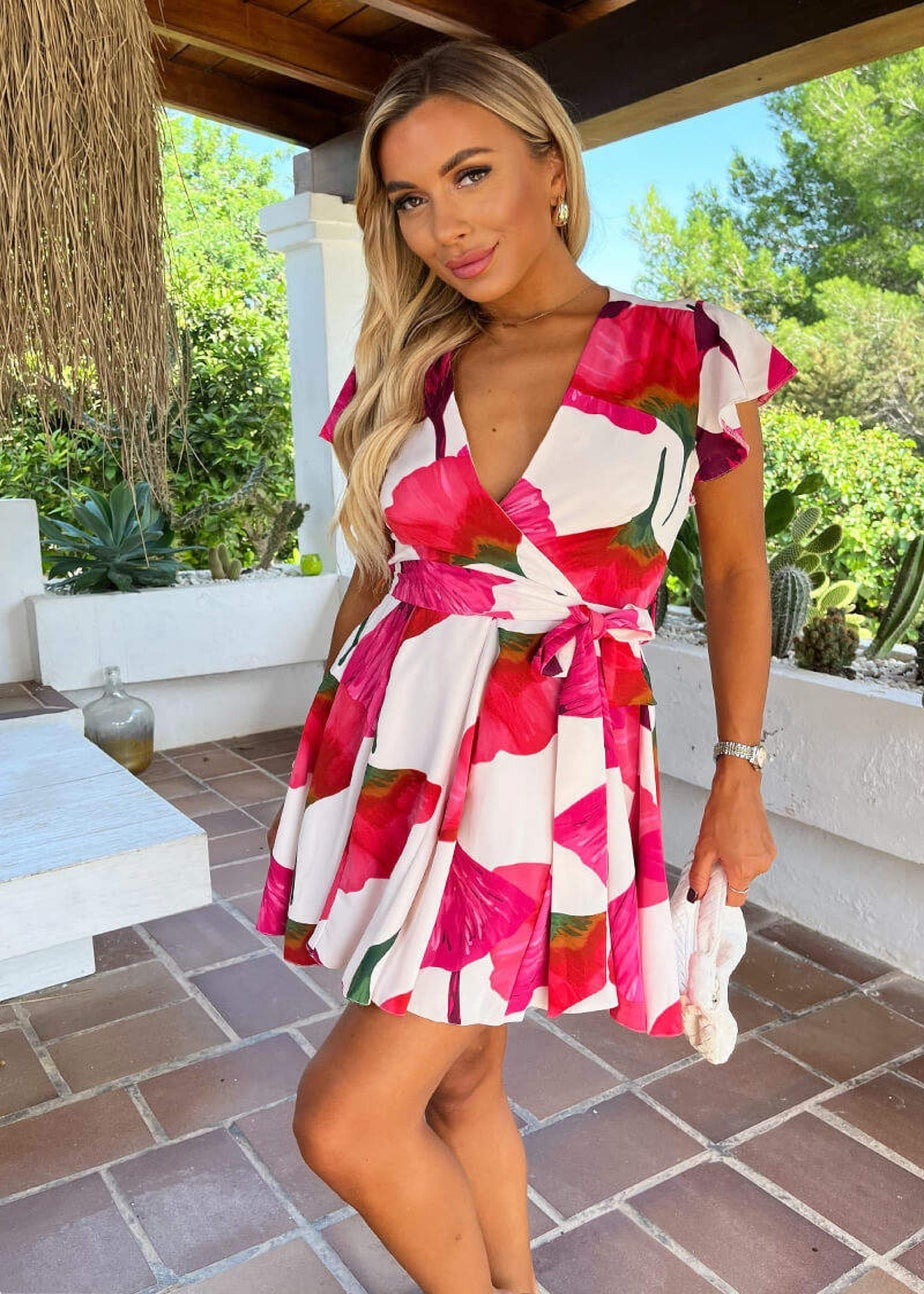 AX Paris Pink Floral Print Wrap Top Tie Waist Skater Mini Dress