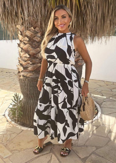 AX Paris Black & White Leaf Print Sleeveless Tiered Smock Midi Dress