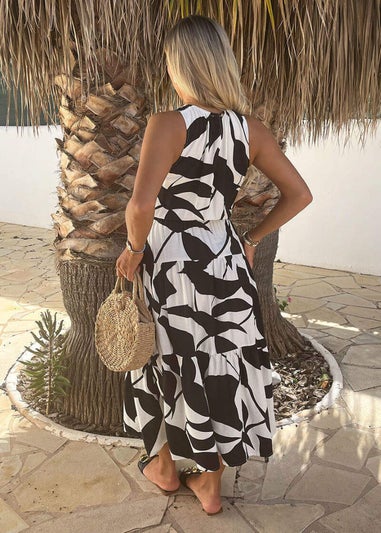AX Paris Black & White Leaf Print Sleeveless Tiered Smock Midi Dress