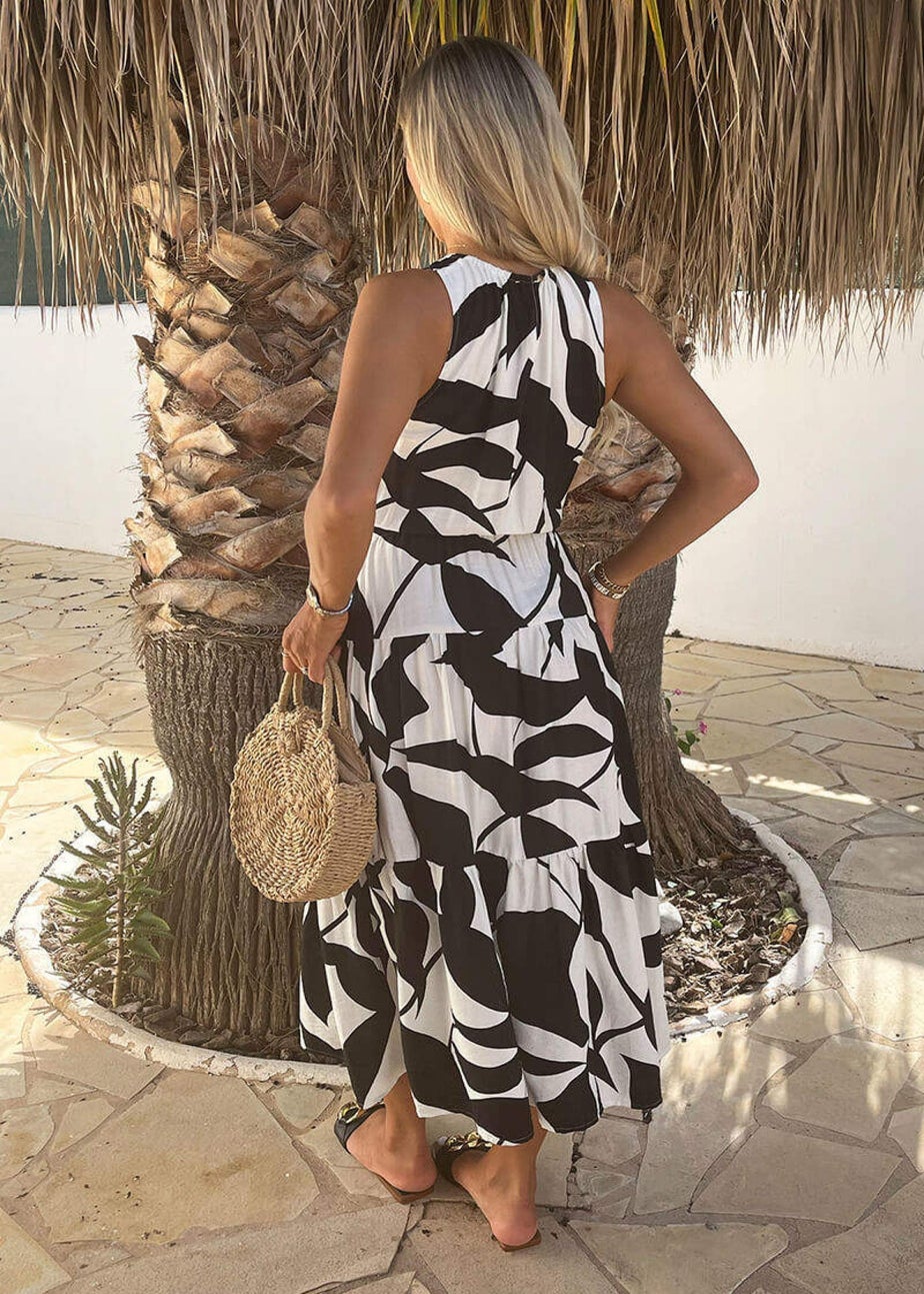 AX Paris Black & White Leaf Print Sleeveless Tiered Smock Midi Dress