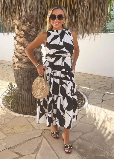 AX Paris Black & White Leaf Print Sleeveless Tiered Smock Midi Dress