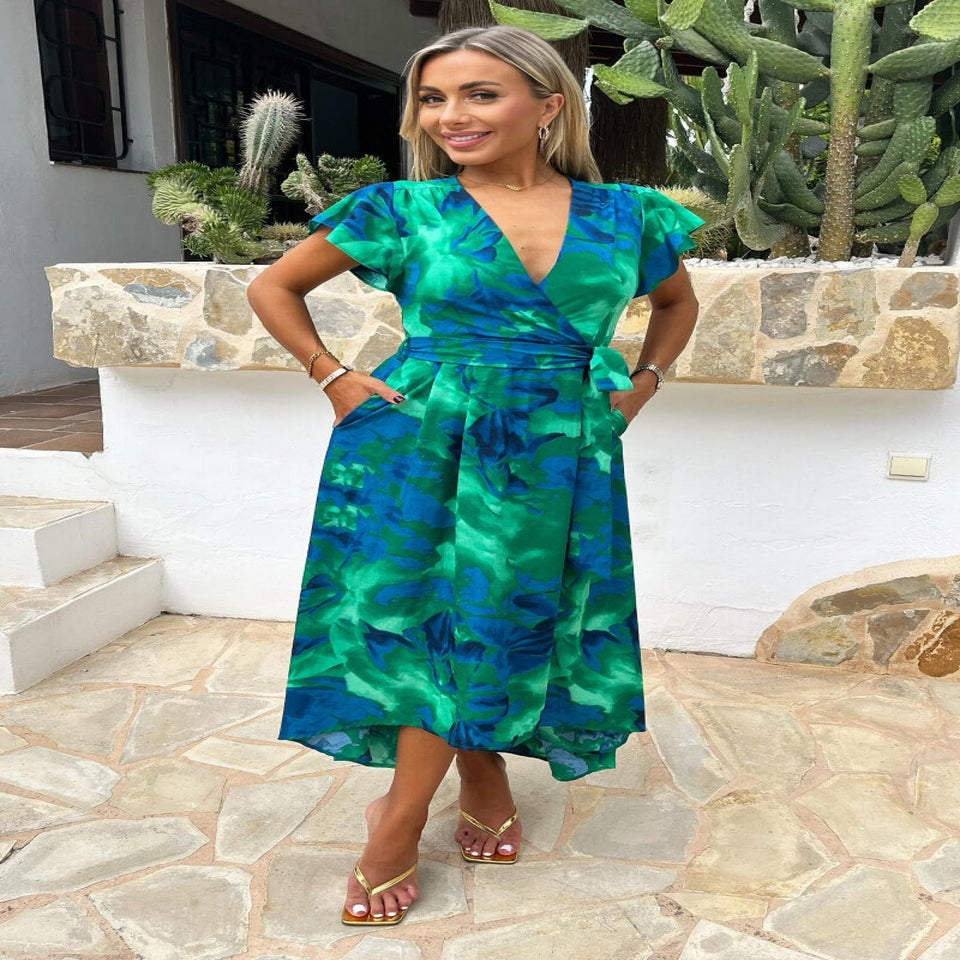 AX Paris Green Abstract Print Short Sleeve Belted Wrap Midi Dress