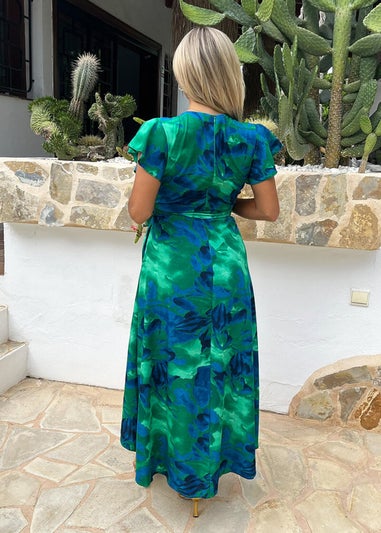 AX Paris Green Abstract Print Short Sleeve Belted Wrap Midi Dress