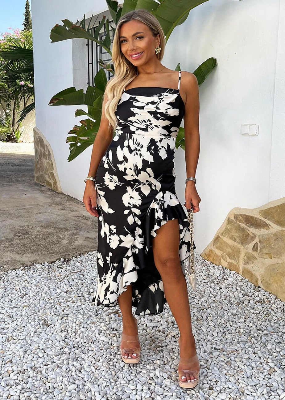 AX Paris Black & White Floral Print Strappy High Low Frill Hem Midi Dress