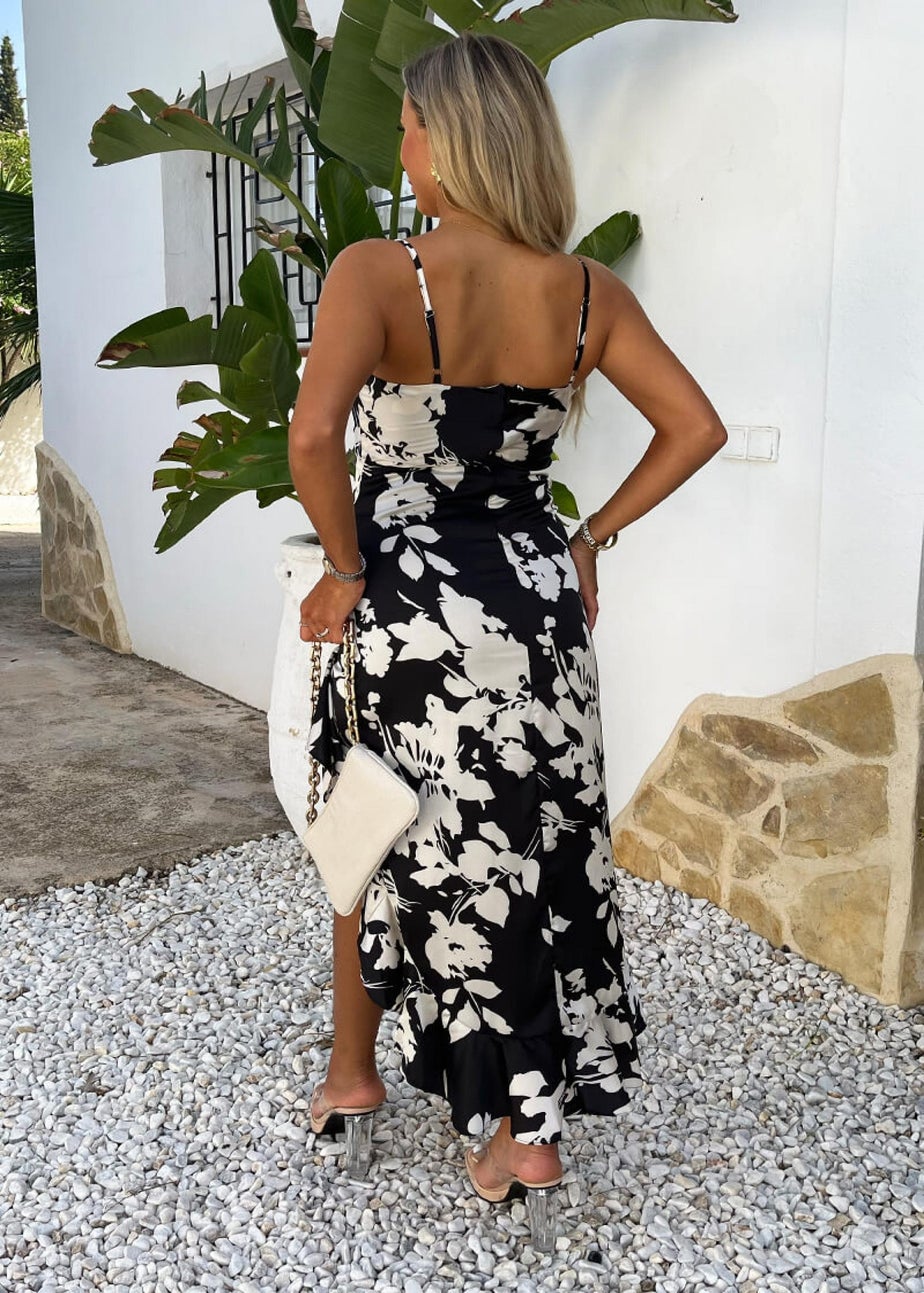 AX Paris Black & White Floral Print Strappy High Low Frill Hem Midi Dress