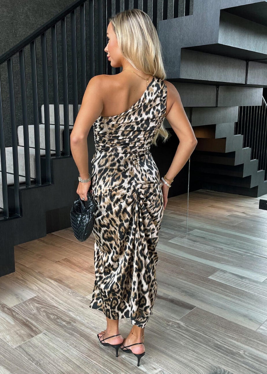 AX Paris Multi Leopard Print One Shoulder Knot Skirt Satin Midi Dress