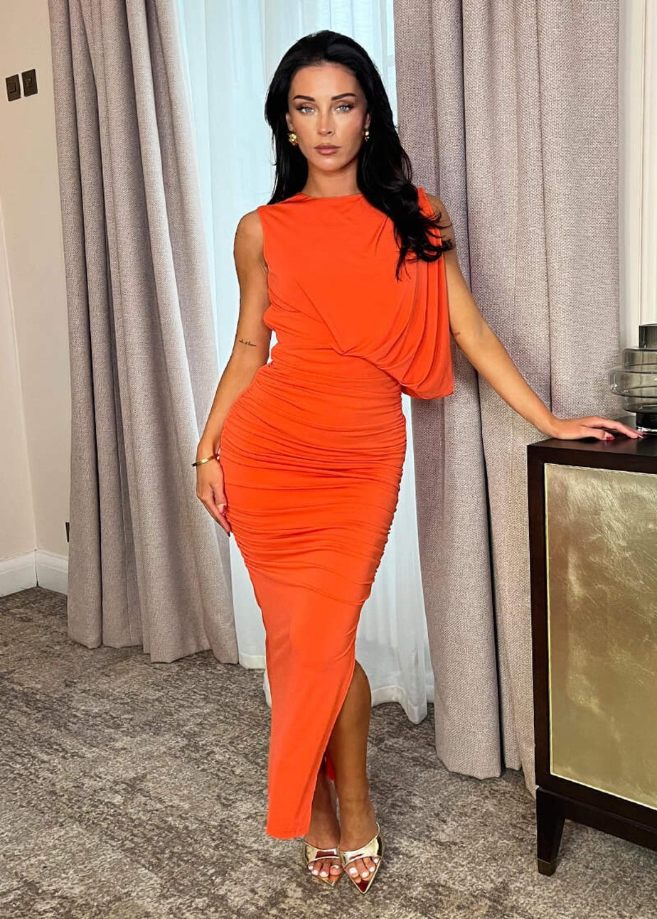 AX Paris Orange Sleeveless Draped Top Ruched Skirt Midi Dress