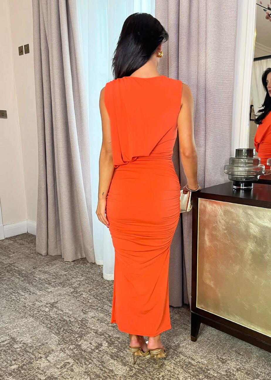 AX Paris Orange Sleeveless Draped Top Ruched Skirt Midi Dress