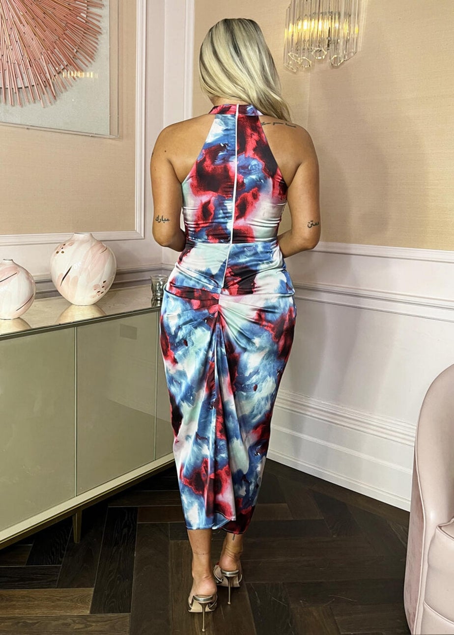 AX Paris Multi Smudge Print Halter Neck Knot Skirt Midi Dress