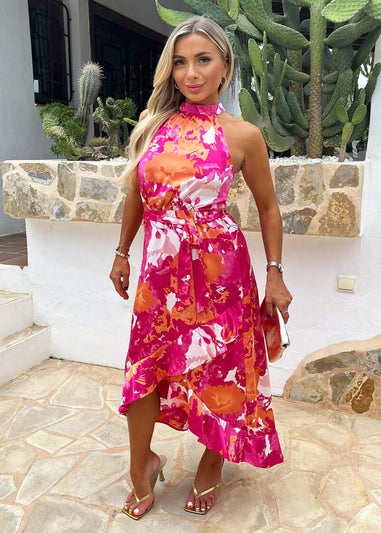 AX Paris Pink Abstract Printed Halterneck Tie Waist Dipped Hem Midi Dress