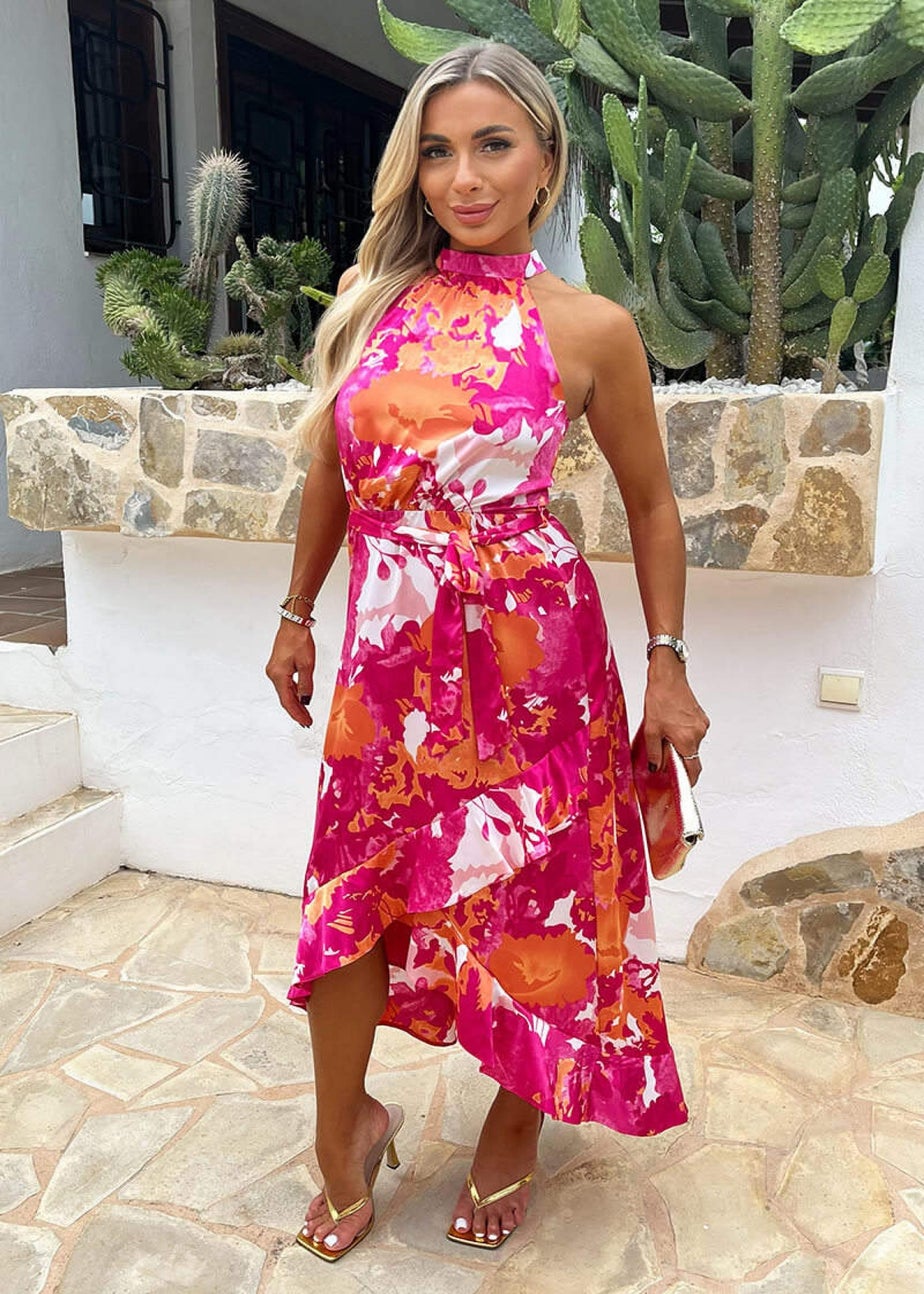 AX Paris Pink Abstract Printed Halterneck Tie Waist Dipped Hem Midi Dress