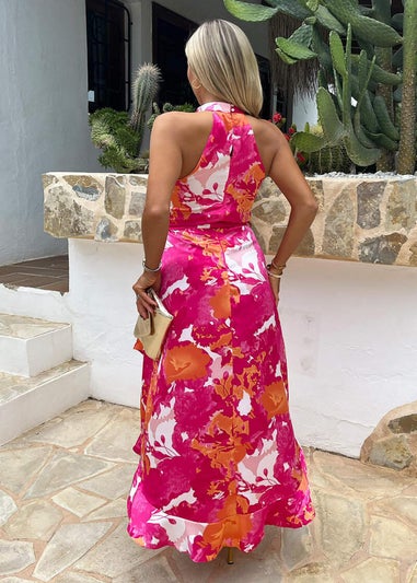 AX Paris Pink Abstract Printed Halterneck Tie Waist Dipped Hem Midi Dress