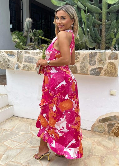 AX Paris Pink Abstract Printed Halterneck Tie Waist Dipped Hem Midi Dress