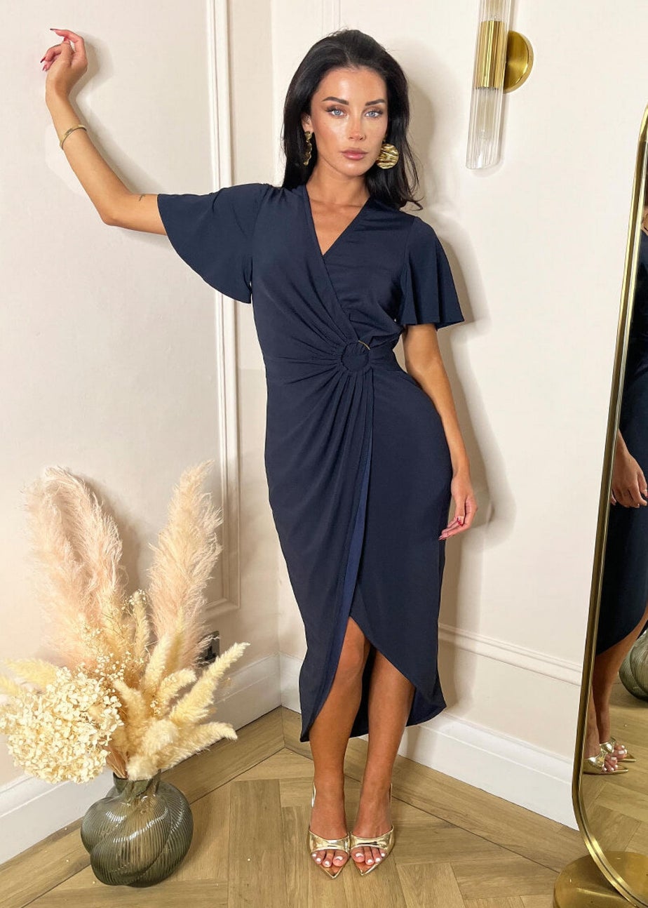 AX Paris Navy Short Sleeve Ring Detail Wrap Midi Dress