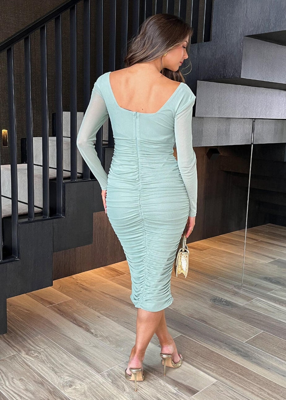 AX Paris Duck Egg Square Neck Long Sleeve Ruched Bodycon Mesh Midi Dress